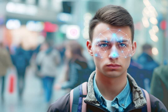 Young Caucasian man with facial recognition technology overlay in a crowded public space