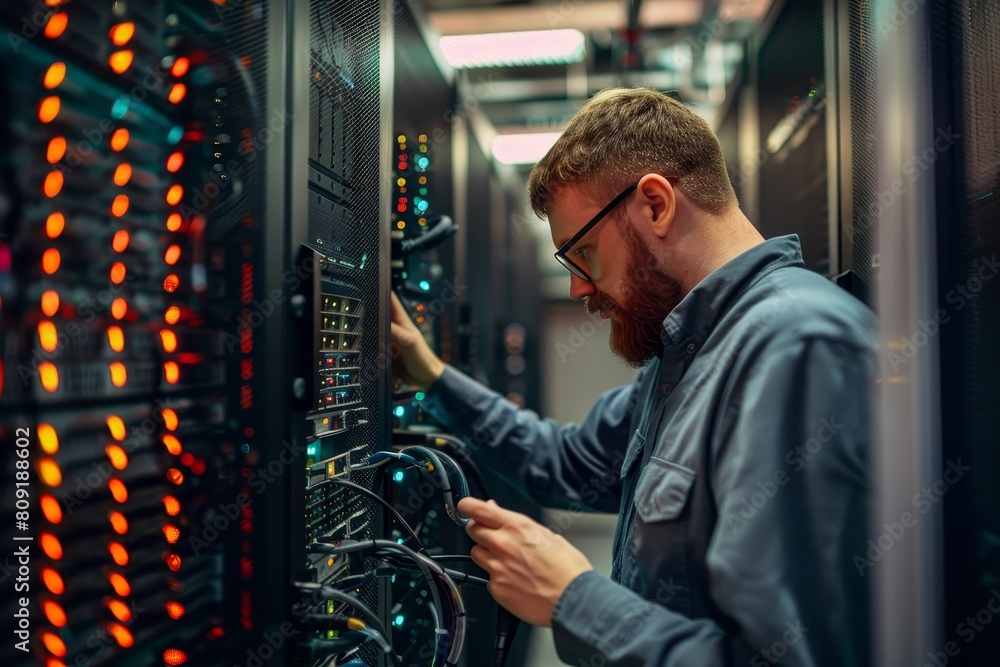 Poster a man focused on configuring a server in a busy server room filled with cables and technology equipm