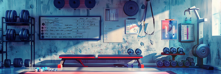 Fitness Trainer's Wall: Displaying motivational fitness quotes, exercise posters, and a whiteboard with workout schedules