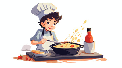 Little boy in a chef robe and hat cooks a meal flat
