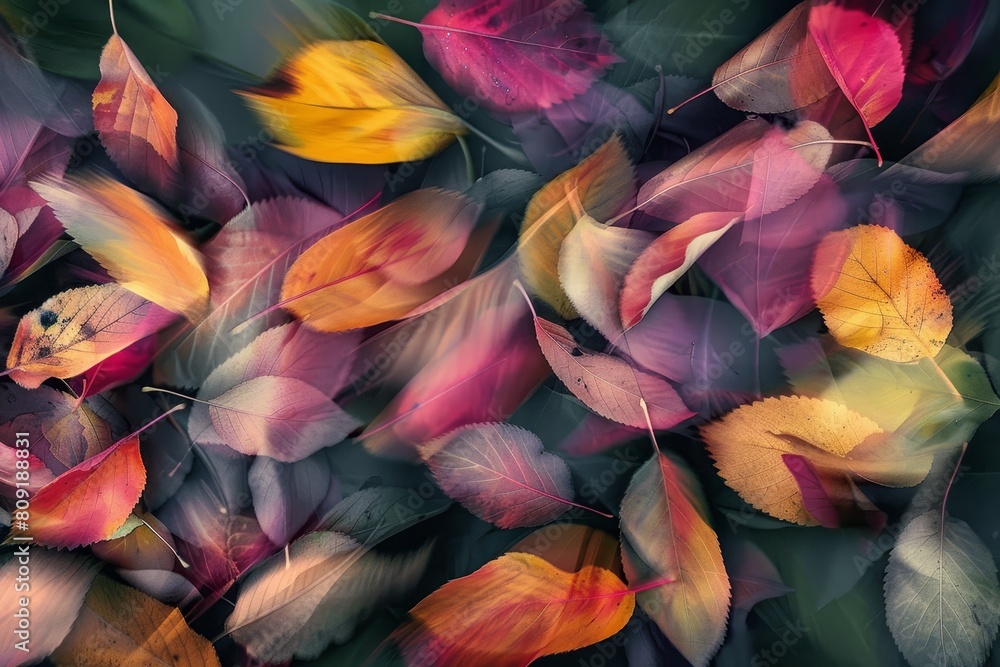 Poster a cluster of multicolored leaves drifting gently in the air, creating a mesmerizing sight, a cluster