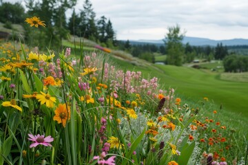 Obraz premium A lush green field brimming with vibrant wildflowers in full bloom, A cluster of vibrant wildflowers lining the edge of the course