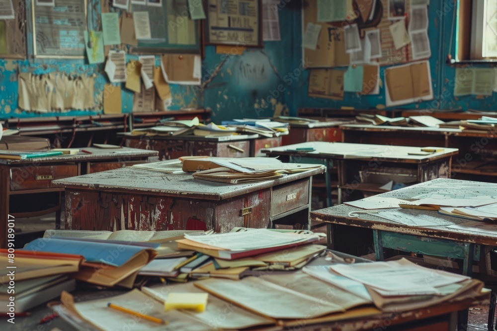 Poster a classroom filled with desks covered in papers, creating a chaotic scene of disorganization, a clut