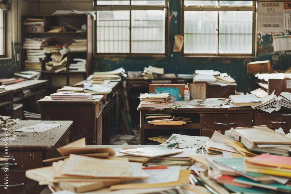 Poster a room filled with clutter and papers covering desks, creating a chaotic environment, a cluttered cl