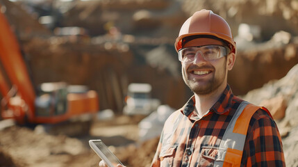 A confident male civil engineer, wearing protective goggles and holding a tablet, smiles at the camera on a sunny construction site. Heavy machinery operates in the background 