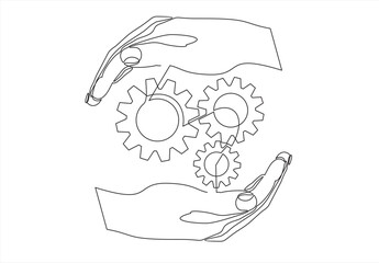 continuous one single line drawing of hands holding gears, tech development, engineering, technology
