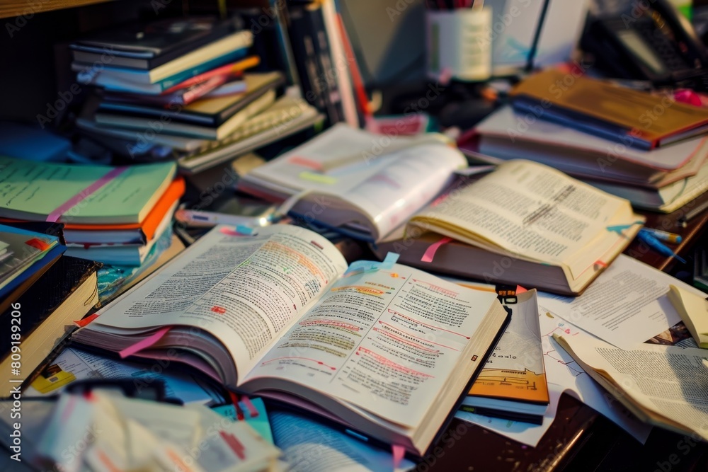 Poster a pile of books neatly stacked on top of a cluttered desk, a cluttered desk with open textbooks and 