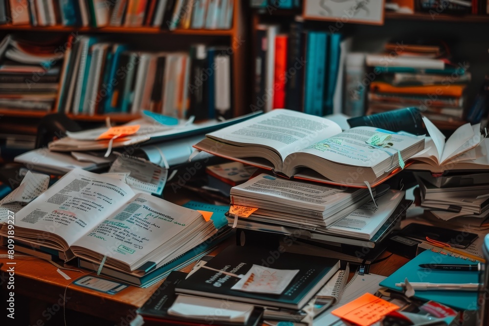 Poster pile of books resting on a wooden table, creating a cluttered yet organized scene, a cluttered desk 