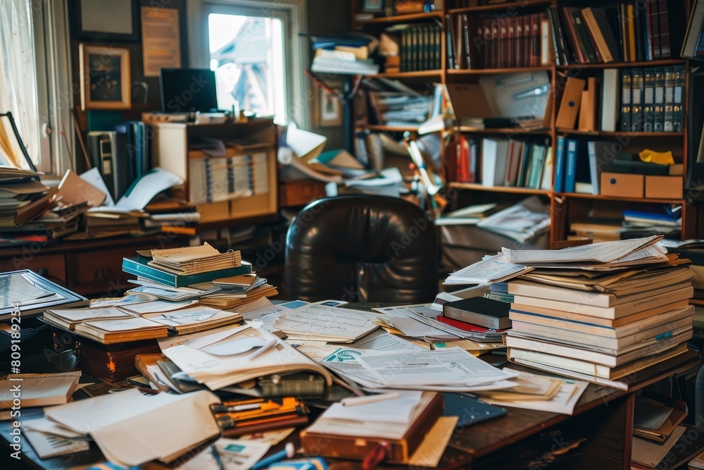Poster a cluttered desk covered with numerous books, papers, and files in disarray, a cluttered desk with s
