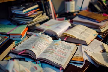 A pile of books neatly stacked on top of a cluttered desk, A cluttered desk with open textbooks and highlighted notes