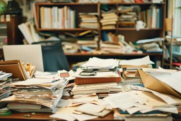 A stack of papers placed haphazardly on a wooden table, A cluttered desk with scattered papers and files