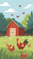 Illustration of a Sunny Day on the Farm with Cute Chicks and Hens