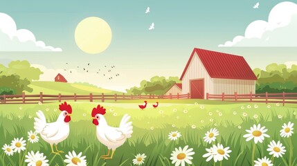 Funny Chicken and Adorable Chicks in Rural Farm Illustration