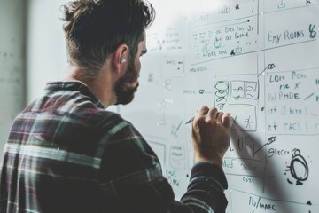 A man, likely a coach, is writing on a whiteboard with a marker, possibly explaining a game plan, A coach drawing up a game plan on a whiteboard