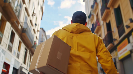 A person is seen delivering boxes, their actions captured in sharp detail by an HD camera. Keywords Delivery, Courier, Packages, Parcel, Shipping, Logistics, Transportation, 