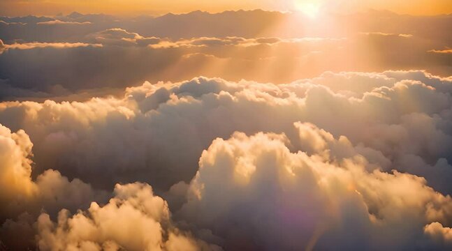 Aerial view of stunning sunset clouds with the sun peeking through the fog, with a realistic digitally produced image and a camera that moves into an exquisite cloudscape with gorgeous light rays