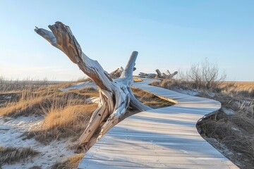 A wooden walkway extends through the middle of a vast field, A coastal boardwalk with sandy dunes and sculptural driftwood installations