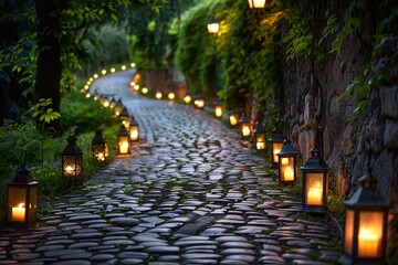 A cobblestone road flanked by illuminated lanterns on both sides, A cobblestone pathway lined with...