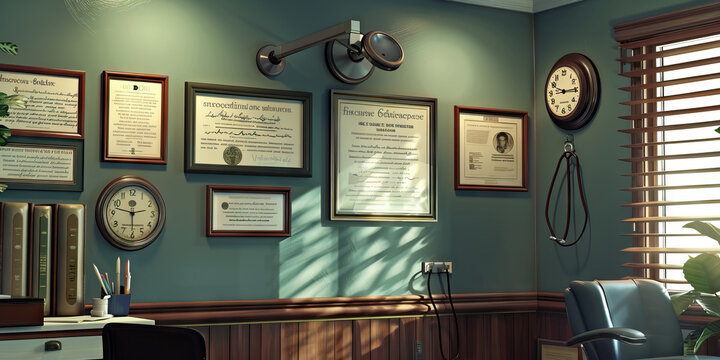 Doctor's Office Wall: Displaying medical diplomas and certificates, anatomical charts, and a stethoscope hanging nearby