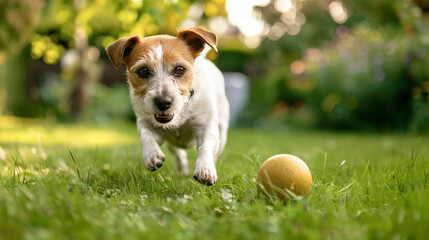 a dog playing with a ball in the garden. 