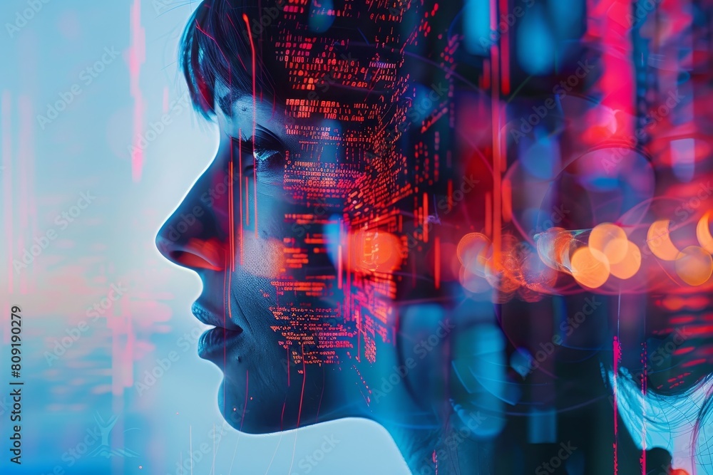 Poster reflection of a womans face on a window surface, a collaboration between artists and technology to c