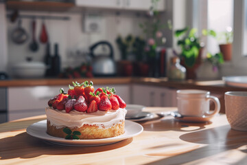 Delicious Raspberry Cake in a White Kitchen