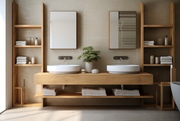 Warm, sunlit modern bathroom featuring sleek double-sink vanity and stylish fixtures