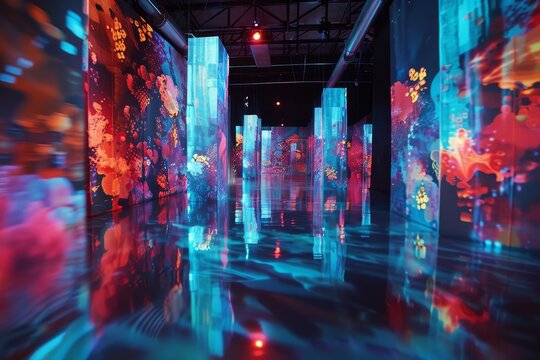 A room illuminated by various colorful lights creating a vibrant and dynamic atmosphere, A collaboration between artists and technology to create innovative business solutions