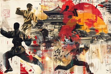 Collage of various Asian art pieces with a man running depicted among them, A collage artwork inspired by different martial arts styles from around the world