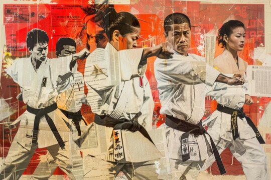 A collage showcasing a man and a woman engaging in karate moves and techniques, A collage artwork inspired by different martial arts styles from around the world