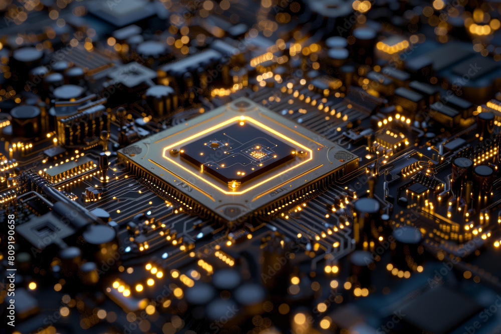 Poster a close up of a motherboard with a cpu in the middle