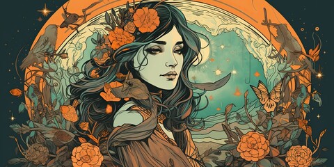 bohemian vintage illustration of a beautiful witchy woman with moon in the background and flowers. Magic mystery halloween scene decoration