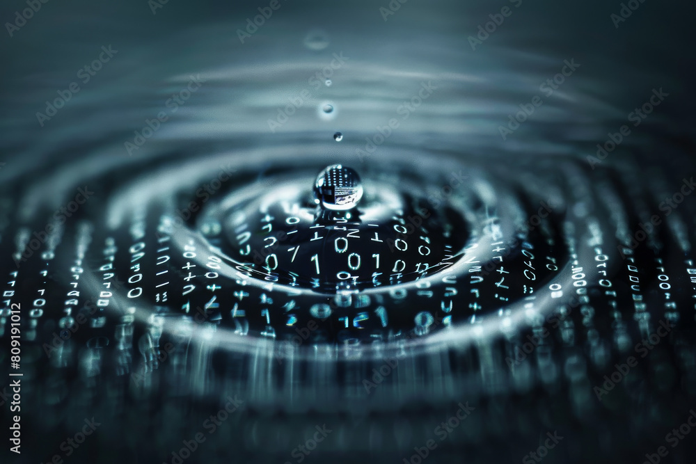 Poster a drop of water is falling into a pool of binary code