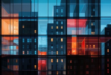 Vibrant cityscape reflected in glass facade of a modern building during twilight
