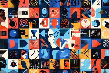 Diverse colors and shapes blend to form an intricate abstract painting, A collage of different podcast logos overlapping to create a unique and visually striking design
