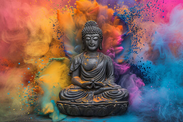 Stone statue of buddha meditating against color explosion background