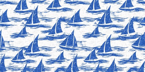 Coastal sail boat in azure ocean blue seamless border background. Modern sailing boat block print for decorative coast interior furnishing fabric for rustic linen beach cottage banner trend. 