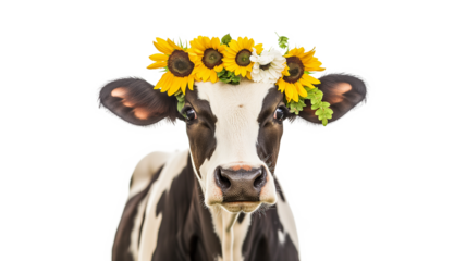Adorable Cow with Floral Crown and Sunflowers isolated on a transparent background