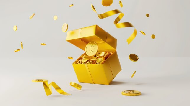 3D Open gift box with floating gold coin and serpentine ribbon. Cash surprise box. Money prize reward. Loyalty program concept. Cartoon creative design icon isolated on white background. 3D Rendering
