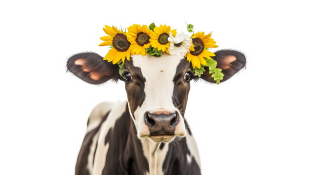 Adorable Cow with Floral Crown and Sunflowers isolated on a transparent background