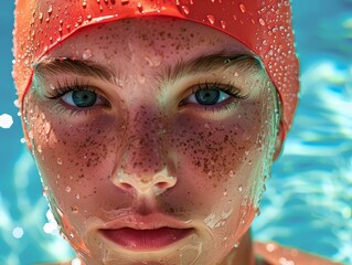 A young female swimmer with blue eyes wearing a red swimming cap