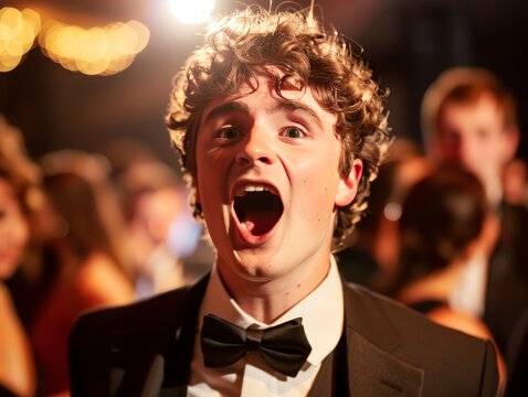 A young man wearing a tuxedo singing 