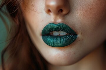 closeup young woman with green lips
