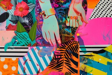 Collage featuring vibrant images with a person holding a flower among various patterns and colors, A collage of vibrant colors and patterns inspired by a pedicure