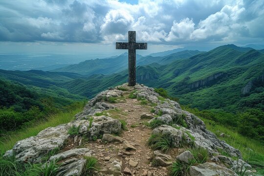 cross on the top of the mountain - Powered by Adobe