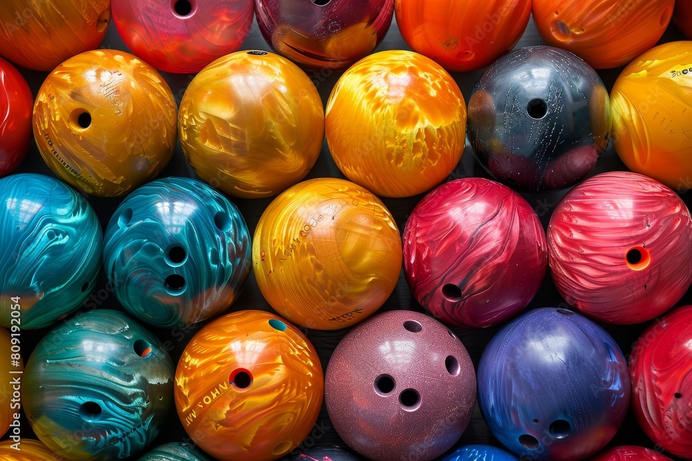 Poster a pile of colorful bowling balls arranged in a pattern next to each other, a collection of colorful 