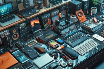 Multiple electronic devices and laptops neatly arranged on a table, A collection of high-tech gadgets and devices seamlessly integrated into everyday life