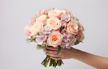 woman hand is holding a festive bouquet with rose flowers on whi