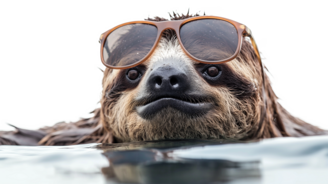 Adorable Sloth Relaxing in Water with Sunglasses isolated on a transparent background