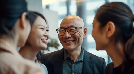 a happy group of business people having a conversation in an office, an asian businessman wearing glasses and a woman talking to each other. generative AI